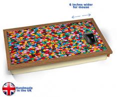 Smarties Sweets Chocolate Rainbow Candy Cushioned Bean Bag Laptop Lap Tray Desk - Built-in EMF Shield (Electro Magnetic Field) Kissen Tablett Knietablett Kissentablett - Holz Effekt Rahmen