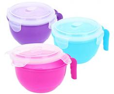 com-four® 3x Suppentasse mit Deckel - Mikrowellengeschirr für unterwegs - Frischhalte-Dose mit Deckel (03 Stück - blau/lila/pink)