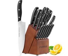 esonmus Messerblock, Messerset mit Edelstahlklinge und Ergonomischem ABS-Griff, Extra Scharf Edelstahl Kochmesser Set mit Holzblock, 15-teiliges Messerblock Set