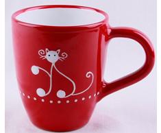 UNGARNIKAT Keramik Milchkaffeebecher/Kaffeebecher rot mit handbemalter weißer Katze sitzend