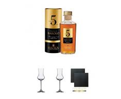 Sibona Grappa di Barolo Invecchiata 5 Jahre 40% in Tube 0,5 Liter + Grappaglas Stölzle 1 Stück - 205/26 + Grappaglas Stölzle 1 Stück - 205/26 + Schiefer Glasuntersetzer eckig ca. 9,5 cm Ø 2 Stück