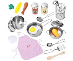 iBaseToy Küchenspielzeug Zubehör Kinderküche Kochgeschirr Edelstahl Pfannenset Schürze und Kochmütze für Mädchen und Jungen