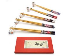 Essstäbchen und Essstäbchen Rest Set, Lucky Cat Essstäbchenhalter 5 Katzen, Klassische japanische Bambus natürliche Wiederverwendbare Essstäbchen, Set 5 Paare（Cat）