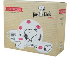 Snoopy Frühstücksset EIN Kuß am Morgen vertreibt Kummer und Sorgen! Peanuts Frühstücks Geschirr Set 3-teilig Teller Schüssel Becher