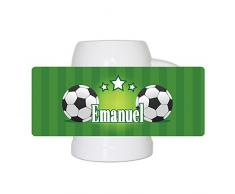 Fußball-Bierkrug mit Namen Emanuel und schönem Motiv mit Fußbällen und grünem Hintergrund für Männer - Fan-Bierkrug personalisiert - Deutschland-Krug - Bierhumpen