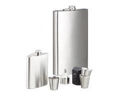 8 tlg. Flachmann Set, Riesen Flachmann mit 1,8l Fassungsvolumen, Taschenflasche 200ml mit 4 Bechern u. Trichter, silber