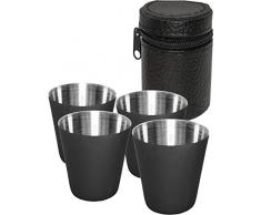 Outdoor Saxx® - 5-teiliges Edelstahl-Becher, Trink-Becher Set, 4 Schnaps-Becher Schnaps-Gläser aus Metall, Metall-Becher mit Leder-Tasche, ideales Flachmann-Zubehör, schwarz