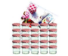 MamboCat 25er Set Sturzglas 125 ml Marmeladenglas Einmachglas Einweckglas to 66 rot Karierter Deckel incl. Diamant-Zucker Gelierzauber Rezeptheft