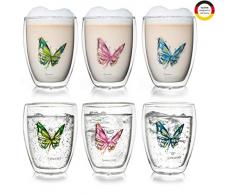 Creano doppelwandiges Tee-Glas, Latte Macchiato, Thermobecher Schmetterling | 250ml in exklusiver Geschenkbox (6er Set)