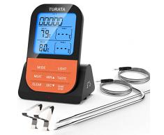 TURATA Fleischthermometer Funk Bratenthermometer mit Zeitmesser, 2 Temperaturfühlern Sonden, Magnetrückwand, Hintergrundbeleuchtung LED Display Sofortiges Auslesen, Digital Grillthermometer (orange)