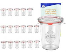 MamboCat 18er Set Original WECK 3/4-Liter Sturzglas, 850 ml, Rundrandglas RR100 + Glasdeckel + Dichtring + Weck-Klammern + Rezeptheft, Einmachglas, Einkoch-Set, Einlegen, Einwecken + Konservieren
