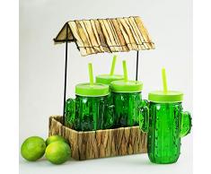 MeyProducts 4teiliges Gläser-Set Kaktus 17,5x17,5x28,5cm Sonnenschirm Tablett Terrasse Strand Getränke geschützt 0,4 Liter