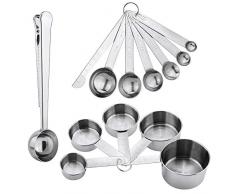 Jooheli Edelstahl Messbecher und Löffel mit Messlineal, 5 Cup Messbecher 6 Messlöffel Set Scoop mit Clip und 1 Messlineal, Küche Umrechnungstabelle Set von 13er-Set, für Trockene und Flüssige Zutaten