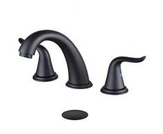 WOWOW Breiter Badezimmer-Wasserhahn, 2 Griffe, 3 Löcher, massives Messing, Edelstahl, bleifrei, Waschtischarmatur, Waschbecken, Wasserhähne mit Ablaufstopfen matte black