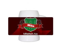 Fußball-Bierkrug mit Namen Mika und Motiv Mittelfeld-Ass für Fußballer