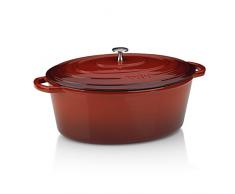 Kela 11943 Bräter mit Deckel, Gusseisen, Emaille-Beschichtung, Hohe Wärmespeicherung, Induktionsgeeignet, 9,5 L, Rot, Oval, Calido