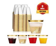 Funhoo 100 Pack 9 oz Plastikbecher Trinkbecher Einweg Durchsichtig Trinkgefäß mit goldenem Rand für Party Geburtstag Hochzeit Bar Cafe Hotel (100 Pack)