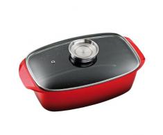 King Bräter aus Aluguss mit Glasdeckel in rot und Aromaknopf, ca. 33 x 21 cm, Oberfläche ist Fusion beschichtet