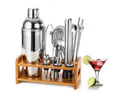 HB life Cocktail-Set Cocktailshaker Geschenk Edelstahl 15-teiliges Cocktail Bar Set mit verbessertem Bambus-Ständer Bar Zubehör Cocktailset Groß 750 ML Cocktailshaker Cocktail Shaker Mixer (Silber)