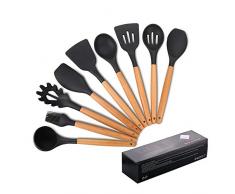 mreechan Küchenhelfer Set, Silikon-Kochgeschirr 9 Stück, hitzebeständiges Küchenset mit Holzgriffen Spachtel, Utensil Set Kratzfest, Antihaft-Pfanne leicht zu reinigen