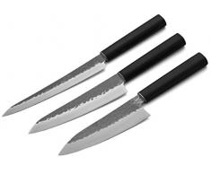 Küchen-Messer-Set YAMATO. 3 japanische Koch-Messer SANTOKU, YANAGIBA, DEBA. Handgeschmiedet, 3 Lagen. Sehr leicht, sehr scharf. Pflegeleicht mit Holz-Griff laminiert. Geschenk-Verpackung