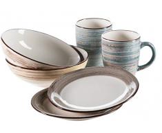 Mäser 931379, Serie Duole, Frühstücksset für 2 Personen, 6-teiliges Vintage Geschirr Set aus Kaffeebecher, Frühstücksteller und Müslischale im Shabby Chic Design, Keramik, Blau / Beige / Braun