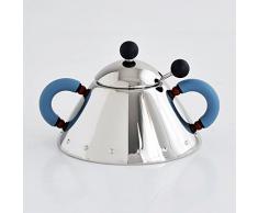 Alessi Zuckerdose mit Löffel aus Edelstahl, Griffen hellblau und Knopf schwarz