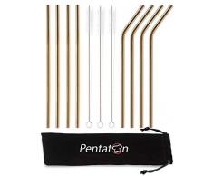 Pentaton Edelstahl Strohhalme 8 Wiederverwendbare Trinkhalme 3 Reinigungsbürsten Metalltrinkhalme Länge 21,5cm Farbe Gold
