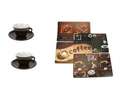 Tischunterlagen-Set 4-teilig, abwaschbar, Tischset, Platzset + Große Cappuccino Tasse im neuen Design 400 ml mit Unterteller Farbe schoko 2er Set ...