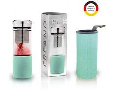 Creano TeebereiterTeamaker - Teeflasche to go aus Glas mit Sieb für losen Tee inkl. Neoprentasche | 400ml (Türkis)