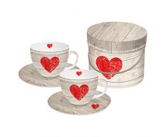 PPD Heart Of Wood Cappuccinotassen-Set mit Untertassen, Tasse, Kaffee Becher mit Untere, 4-tlg., Magnesiumporzellan, Rot / Taupe, 200 ml, 602801