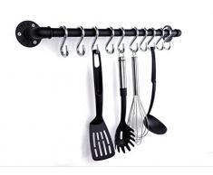 Hakenleiste Schwarz aus Metall 60cm, 10 Haken im Industrial Design sehr stabil und belastbar Küchenleiste, Garderobe, Handtuchhaken, Garderobenleiste