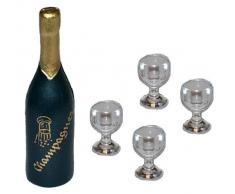 alles-meine.de GmbH 5 TLG. Set: Miniatur Champagner Flasche + 4 Gläser - für Puppenstube Maßstab 1:12 - Flasche Champagnergläser Puppenhaus Sekt Puppenküche