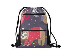 YYYJIA Cartoon Weihnachten Tasse Faultier Schwarz Kordelzug Beutel PE Spiele Turnbeutel Damen Mädchen Schulrucksack für Wandern Yoga Fitnessstudio Schwimmen Reisen Strand