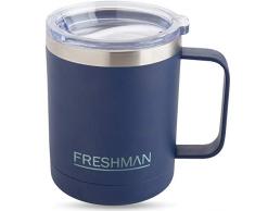 FRESHMAN aryo | Doppelwandiger Vakuumthermobecher | Isolierbecher | Kaffeebecher to go aus 18/8 Edelstahl mit Deckel und Griff Coffee to go Becher mit Henkel Kaffeetasse groß 350 ml XXL Thermotasse