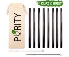PURITY Edelstahl Strohhalme Schwarz - 15 cm kurze, extra breite Metall Trinkhalme - 8er Set + 2 Reinigungsbürsten + Stofftasche für Smoothie und Cocktail