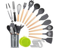 NEXGADGET Küchenhelfer Set, 30 Stücke küchenutensilien Set küchenzubehör aus Silikon & Holz, Kochgeschirr Set mit Küchenutensilien Halter, Zange, Schaber, Wender, Schneebesen, Suppenkelle, S-Haken