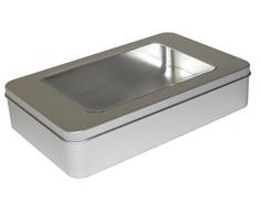 mikken - 1 x Vorratsdose mit Sichtfenster, eckige Metalldose aus Weissblech mit Stülp-Deckel (Farbe: Silber), ideal als Gebäck-, Keks- und Tabakdose verwendbar (20,8 x 13,1 x 4,5 cm)