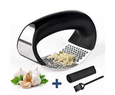 ISKM Knoblauchpresse Knoblauchschneider Edelstahl Rostfrei Garlic Press mit Knoblauchschäler+Reinigungsbürste Spülmaschinenfest Küchenhelfer Ingwerpresse (Silber/Schwarz)