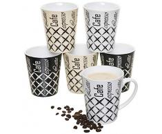 6er-Set Kaffee-Becher Keramik, je 2 St. weiß/Creme/schwarz, mit Aufdruck Aufschrift Cafe Espresso Latte und dekorativem Muster, 400 ml Kaffee-Tassen große Kaffe-Pott Mugs Coffee Time Porzellan