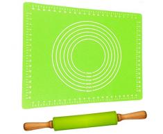 Teigroller mit Backmatte Silikon Groß Grün | Antihaft - BPA frei | Leichtes Ausrollen | Nudelholz 40cm mit Teigmatte 60x40cm