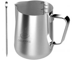 DELERKE Milchkännchen, Milk Pitcher 580ml Milchkanne Aus Edelstahl, Milch Aufschäumkrug Edelstahl Milch Aufschäumen Tasse Kaffee Milchaufschäumer und Latte für Cappuccino und Latté (Silber)