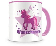 Samunshi® Kinder-Tasse mit Namen und einem lila Einhorn als Motiv Bild Kaffeetasse Teetasse Becher Kakaotasse Nr.7: rosa H:95mm / D:82mm