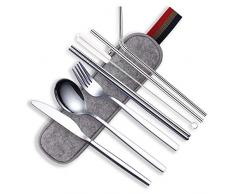 HOMQUEN tragbare Utensilien, Travel Camping Besteck-Set, Edelstahl Besteck-Set, Gehören Messer/Gabel/Löffel/Stäbchen/Strohhalme/Pinsel/Portable Case (Silber-8 Stück)