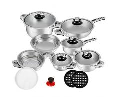 Velaze, Topf-Set, Serie Haru, 16-teilig Edelstahl Kochgeschirr, Induktion, Spülmaschinengeeignet, Beinhaltet Kochtopf, Stielkasserolle, Pfanne, Salatschüssel, Dämpfeinsatz und Dampfplatte