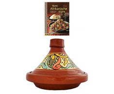 Marokkanische Tajine Topf zum Kochen + Kochbuch | Schmortopf glasiert Chaouen Ø 26cm für 1-3 Personen | inklusive Rezepte Buch Nord Afrikanische Küche | ORIGINAL Tontopf handgetöpfert aus Marokko