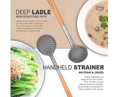 Silikon Küchenhelfer Set, Godmorn 9 Teilig Küchenutensilien aus Edelstahl und Holzoptik, Aufhängen Hitzebeständig Kochbesteck, Pfannenwender, Zange, Schneebesen, Spaghettilöffel, Schöpflöffel