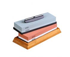 Decdeal Schleifstein Abziehstein Wetzstein Doppelseitig Mit Rutschfestem Bambusfuß und Freier Winkelführung 400/1000 3000/8000 Geeignet für Die Küche