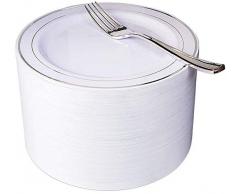 NERVURE 102 Einweg-Kuchenplatten aus Kunststoff, 19,1 cm und 102 silberfarbene Gabeln, perfekt für Salate, Desserts, Partys, Catering, Hochzeitstorten (Silber) silber