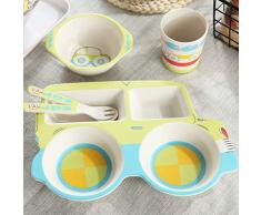 Kinderbesteckset Bambusfaser-Cartoon-Autoteller Babyreisschale bruchsicheres Essschalengeschenk Schüssel-11.15 (Color : Green)